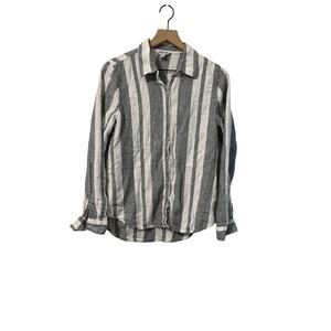 Orvis Womens Linen Blend Long Sleeve Button Down Roll Tab Black White Small